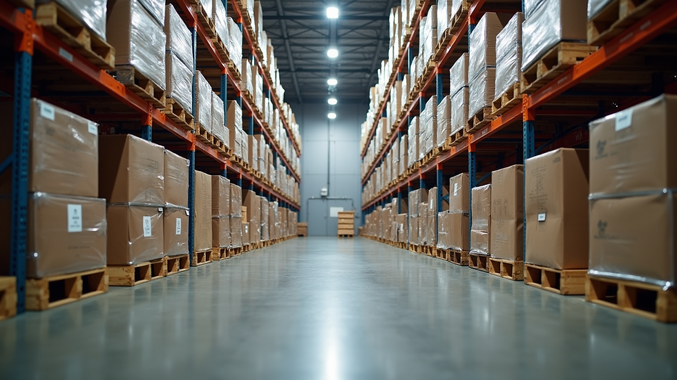 Eye-level view of a warehouse with stacked heavy-duty export pallets ready for shipment
