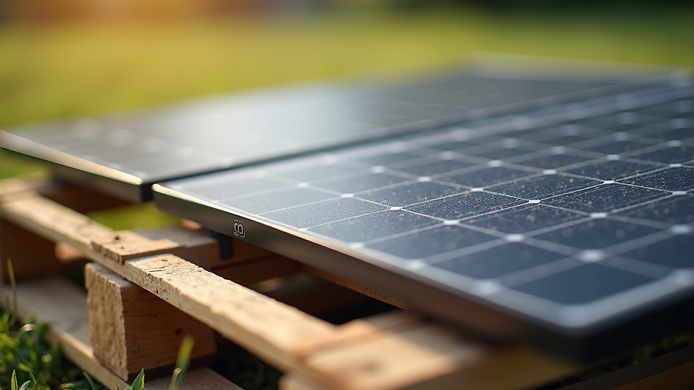 Eye-level view of a wooden pallet with solar panels mounted on top