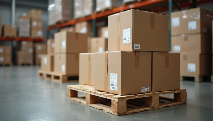 Close-up view of a wooden pallet loaded with boxes ready for international shipment