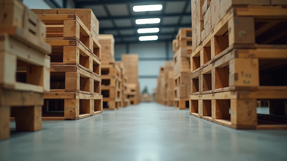 Eye-level view of eco-friendly wooden pallets stacked in a warehouse