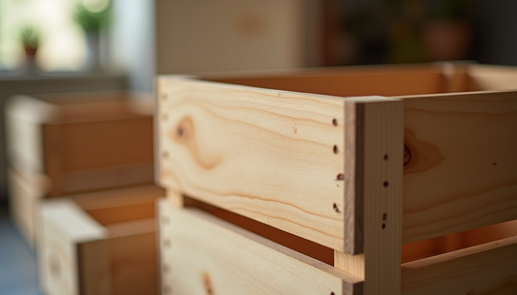Close-up view of wooden crate with natural grain texture