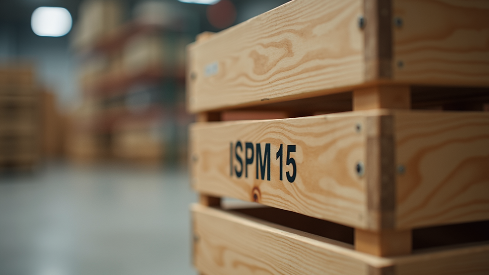 Eye-level view of wooden crate with ISPM-15 certification mark