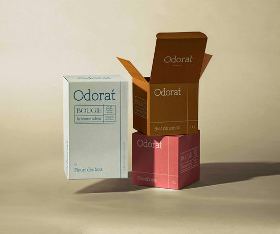 Packaging petites boites pour bougies réalisées pour la marque fictive Odorat