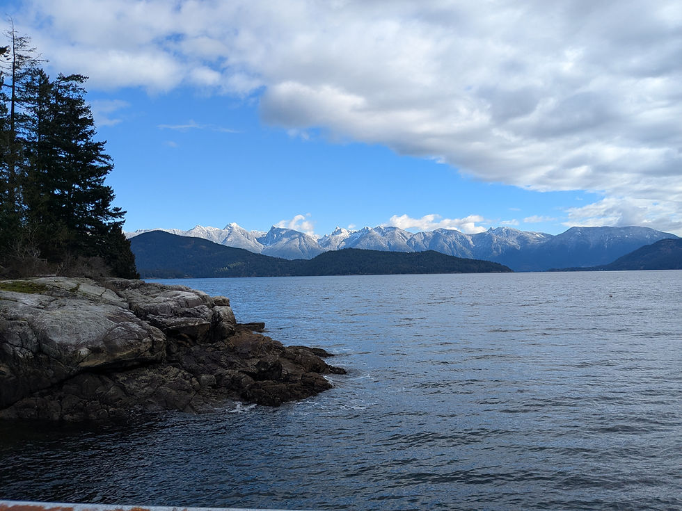 Snow dusted mountains in the background, ocean waves crashing into the rocks in the foreground.