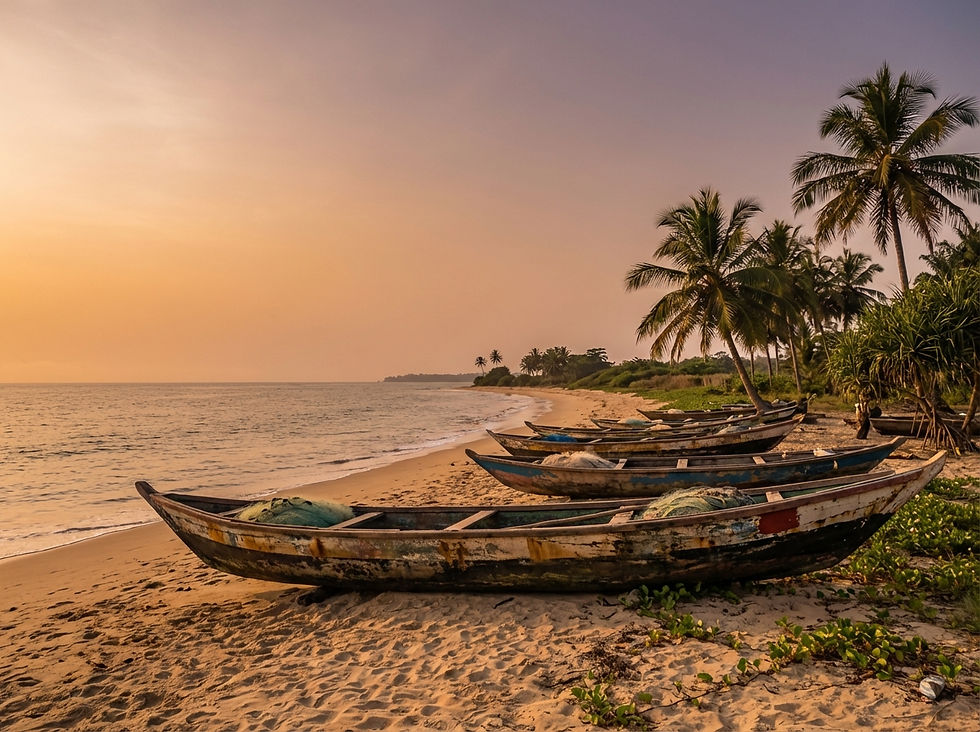 peaceful shot, traditional fishing pirogues resting on the sand at a beach near Port-Gentil, Gabon, soft golden hour light, landscape 485x363