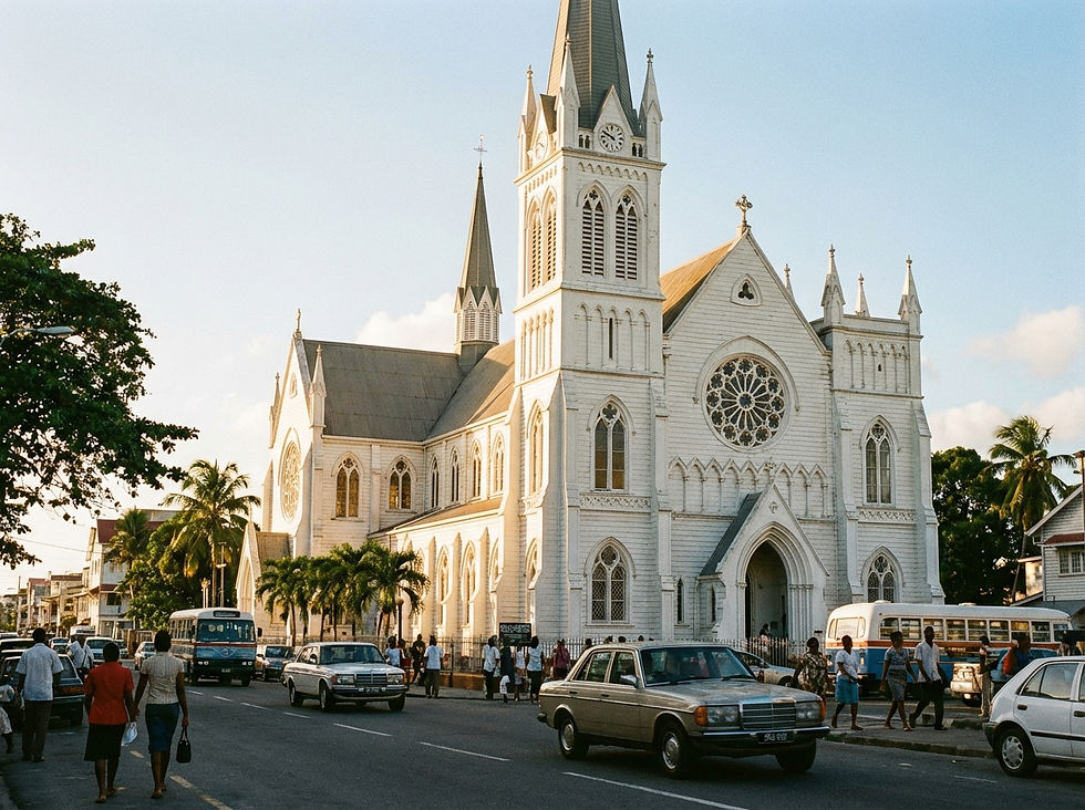 street-level shot, historic St. George's Cathedral, Georgetown Guyana, afternoon sun highlighting white wooden architecture, landscape 485x363