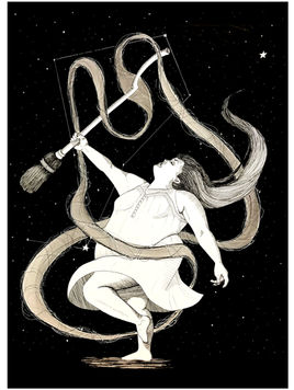 Ink drawing of a woman holding broom above her head with magic swirling around her 