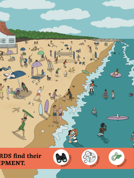 A search and find puzzle set on a beach. Text reads "Help the LIFE GUARDS find their missing EQUIPMENT. BINOCULARS, LIFE SAVER, WHISTLE, FIRST AID KIT, SUN SCREEN