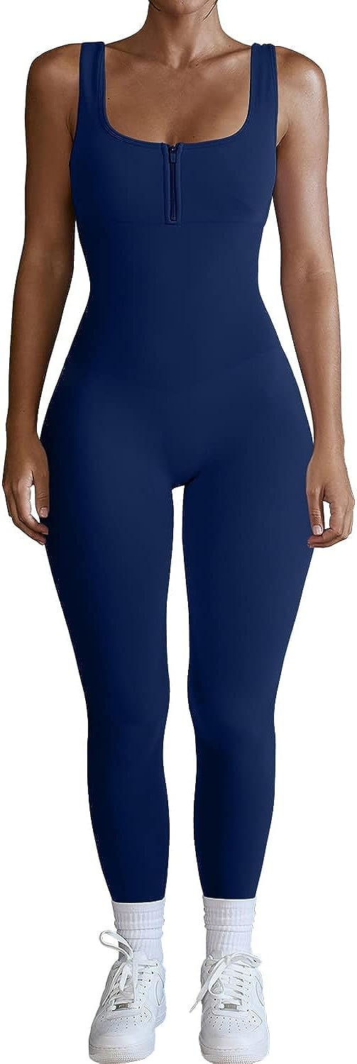 Thumbnail: QINSEN Womens Zip Front Square Neck Tank Top Sleeveless Jumpsuit Long Pants Yog