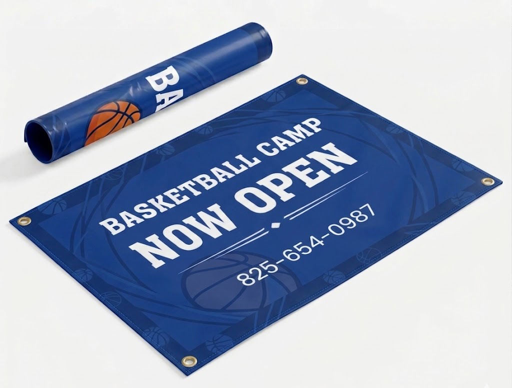 Basketball Camp vinyl banner mockup, one flat and one rolled, blue design on white background.