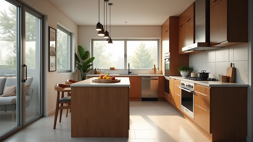 Eye-level view of a modern L-shaped kitchen with wooden cabinets and stainless steel appliances