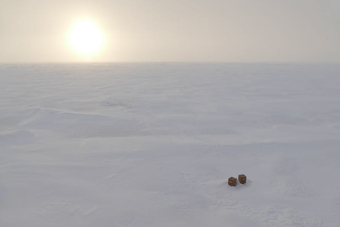Wooden boats deployed on the sea ice by the Healy icebreaker in 2015