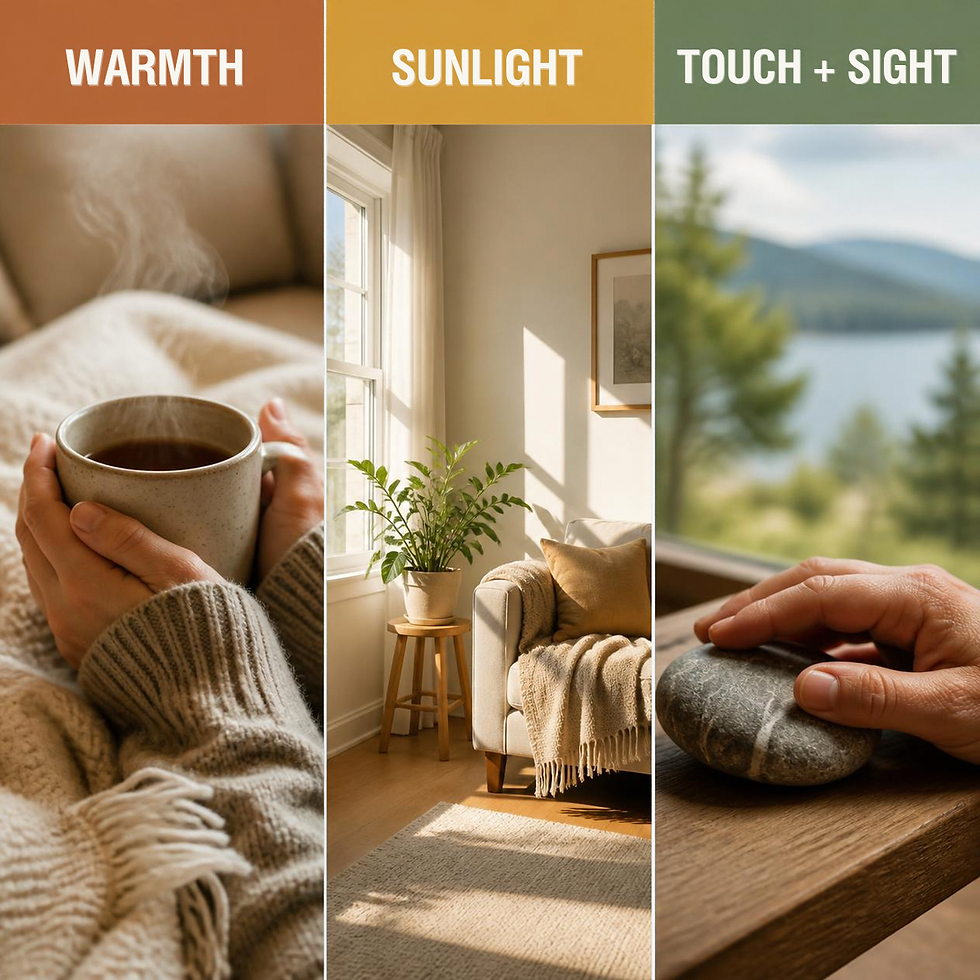 Embrace calmness through sensory anchors: the soothing warmth of a hot drink, the gentle sunlight filling a cozy room, and the tactile connection of touch combined with a serene view.