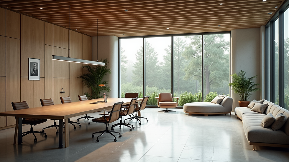 High angle view of a modern office space with sustainable materials and smart design