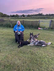 Wheelchair user and holistic dog behaviourist from Mutts & Mischief sitting outdoors in a field at sunset with four happy dog