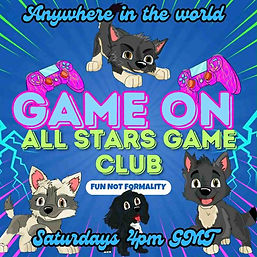 Mutts & Mischief All Stars Game Club poster with cartoon dogs, video game controllers, and text: ‘Game On – Saturdays 4pm GMT
