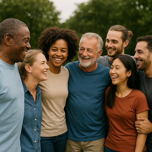 Seven friends ranging in ages from young adult to elderly and different ethnicities are standing together with arms around each other and laughing and smiling.