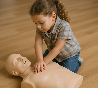 A little girl with curly brown hair is leaning over a CPR training dummy and she has one hand on top of another, practicing chest compression.