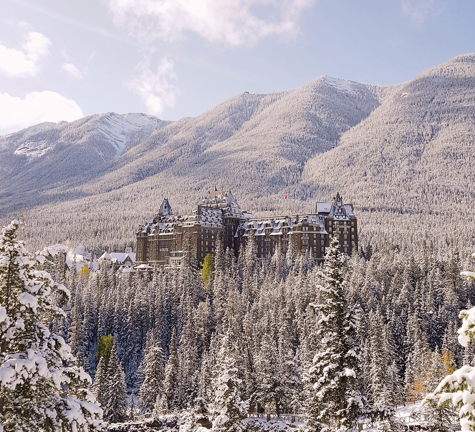 Banff Springs Hotel surrounded by evergreen trees in Banff, Alberta