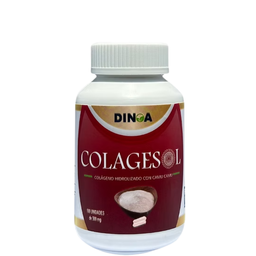 Colágeno hidrolizado en cápsulas DINOA Perú, frasco de suplemento natural para piel, cabello, uñas y articulaciones