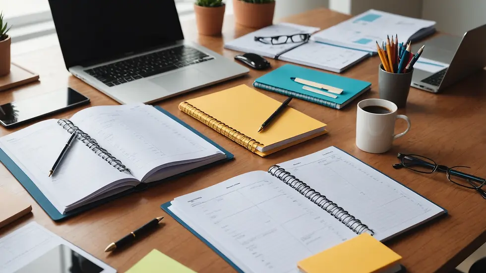 Close-up view of an organized workspace with planning materials