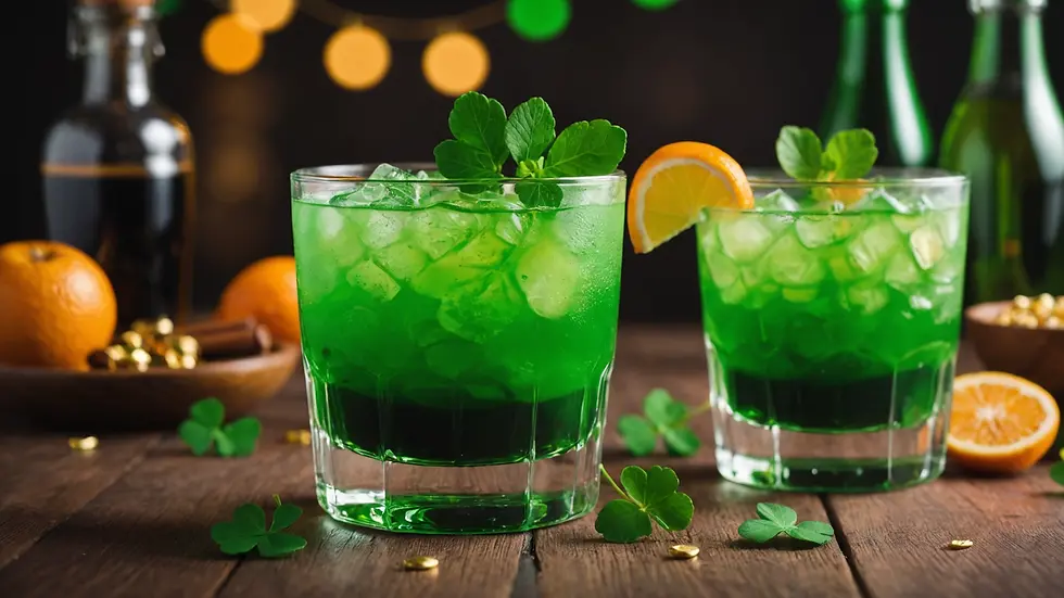 Close-up view of a colorful St. Patrick's Day cocktail with a festive garnish