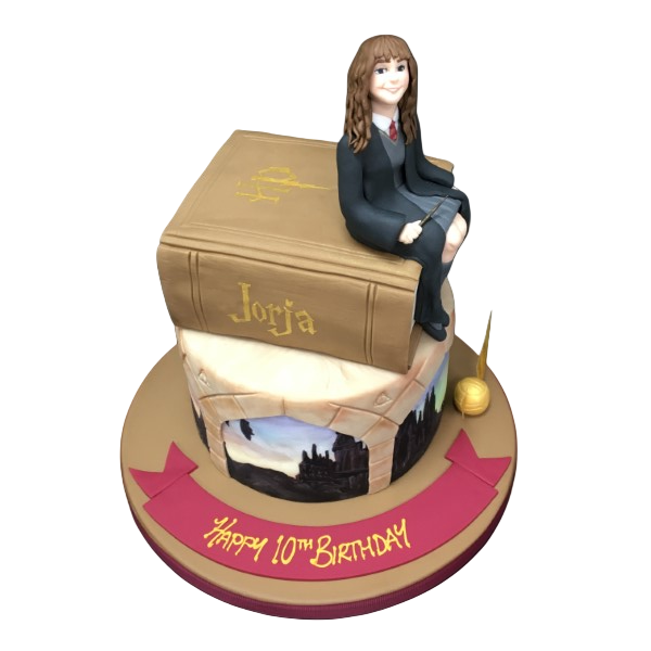 A beautifully decorated Harry Potter themed cake featuring a painterly scene of Hermione with a book, perfect for wizarding world fans.