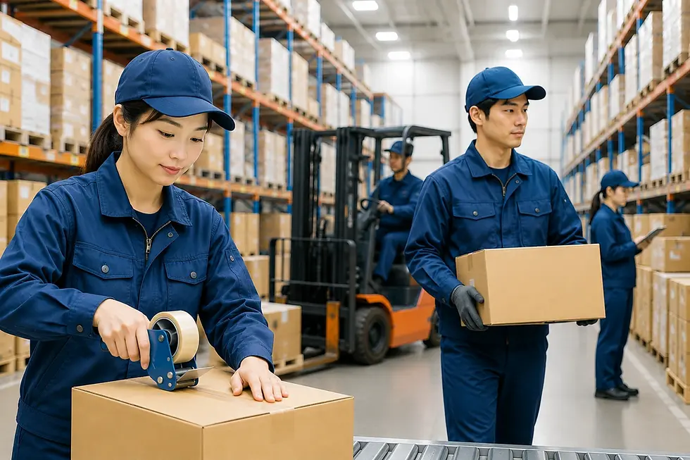 物流倉庫で梱包や荷物の運搬作業を行うスタッフ