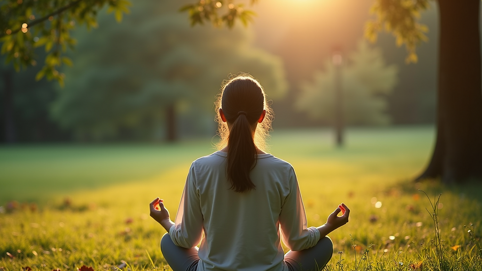 Close-up view of a person meditating in a serene outdoor setting
