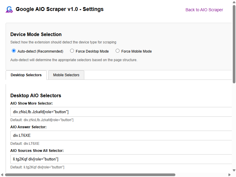 Google AIO Scraper - Settings to adjust for SERP HTML changes