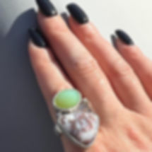 Native copper in quartz with green chalcedony and copper sterling silver ring