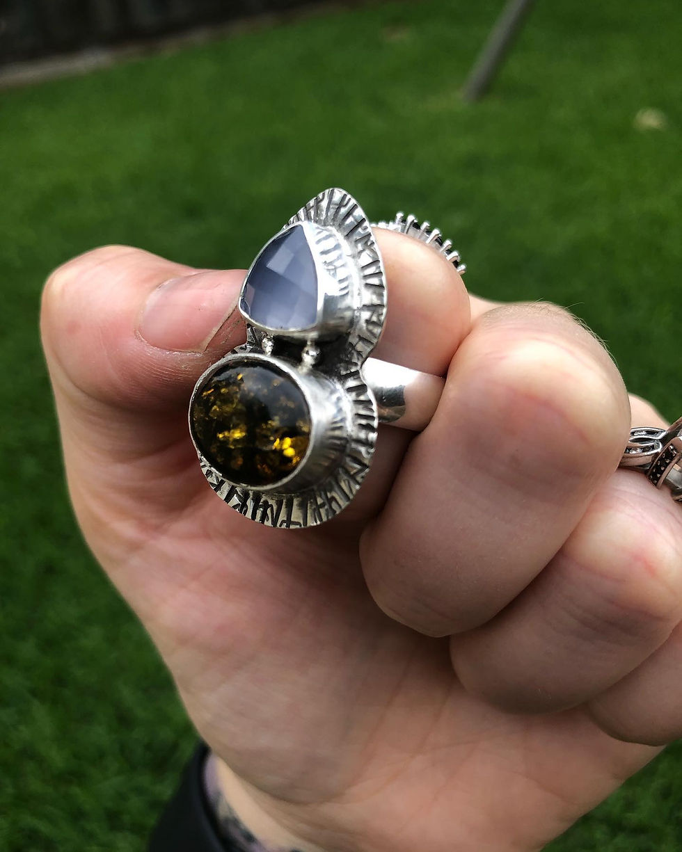Thumbnail: Rare Green Amber and  Rose Cut Lavender Chalcedony Sterling Silver Ring