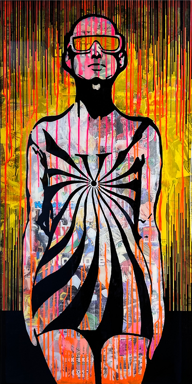 electric neo retro pop art piece with an anime collaged background, an overlay of transparent yellow, with a futuristic image of a person wearing sunglasses and an optical illusion sun dress