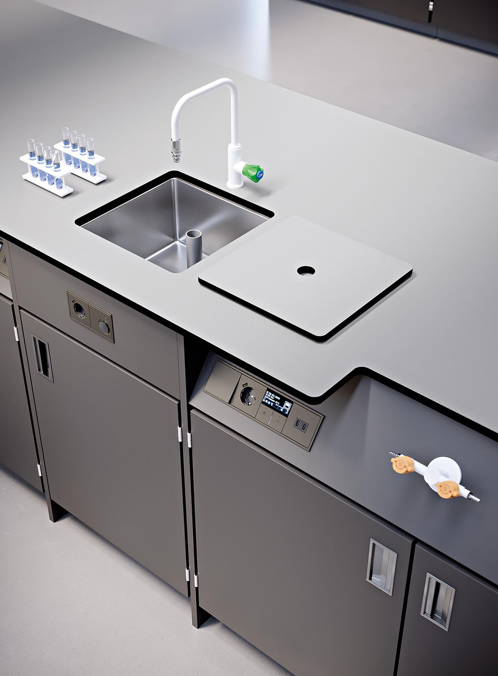 Laboratory worktops with chemical-resistant and impact-resistant surface finishes