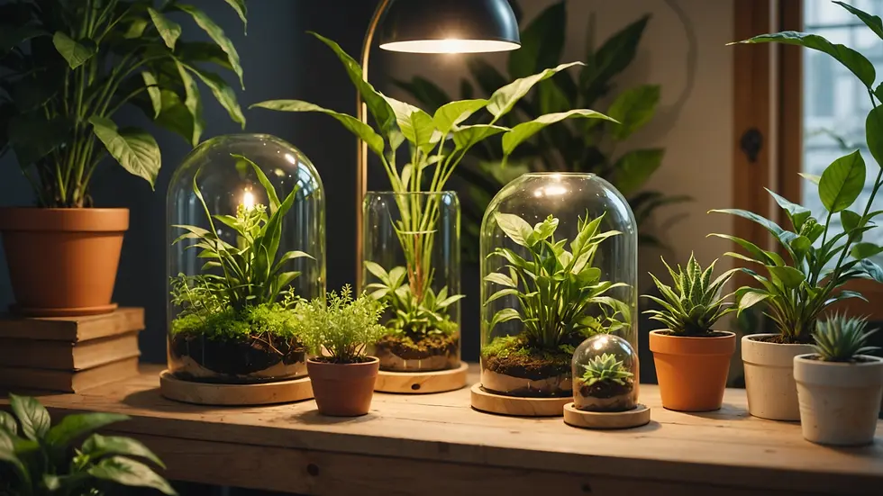 Close-up of an eco-conscious decoration featuring plants and upcycled materials