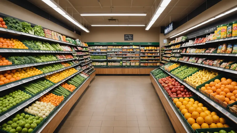 Eye-level view of a grocery store aisle filled with fresh produce
