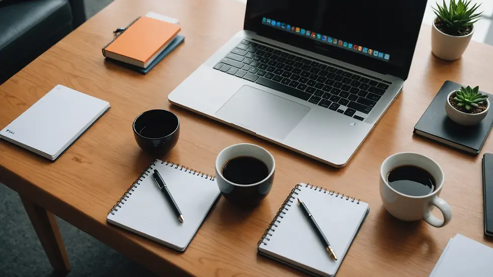 High angle view of a desk with a laptop and notepads
