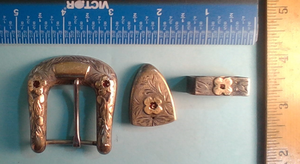 Vintage Don Ricardo Sterling Silver 10k Garnet Stone three piece buckle set