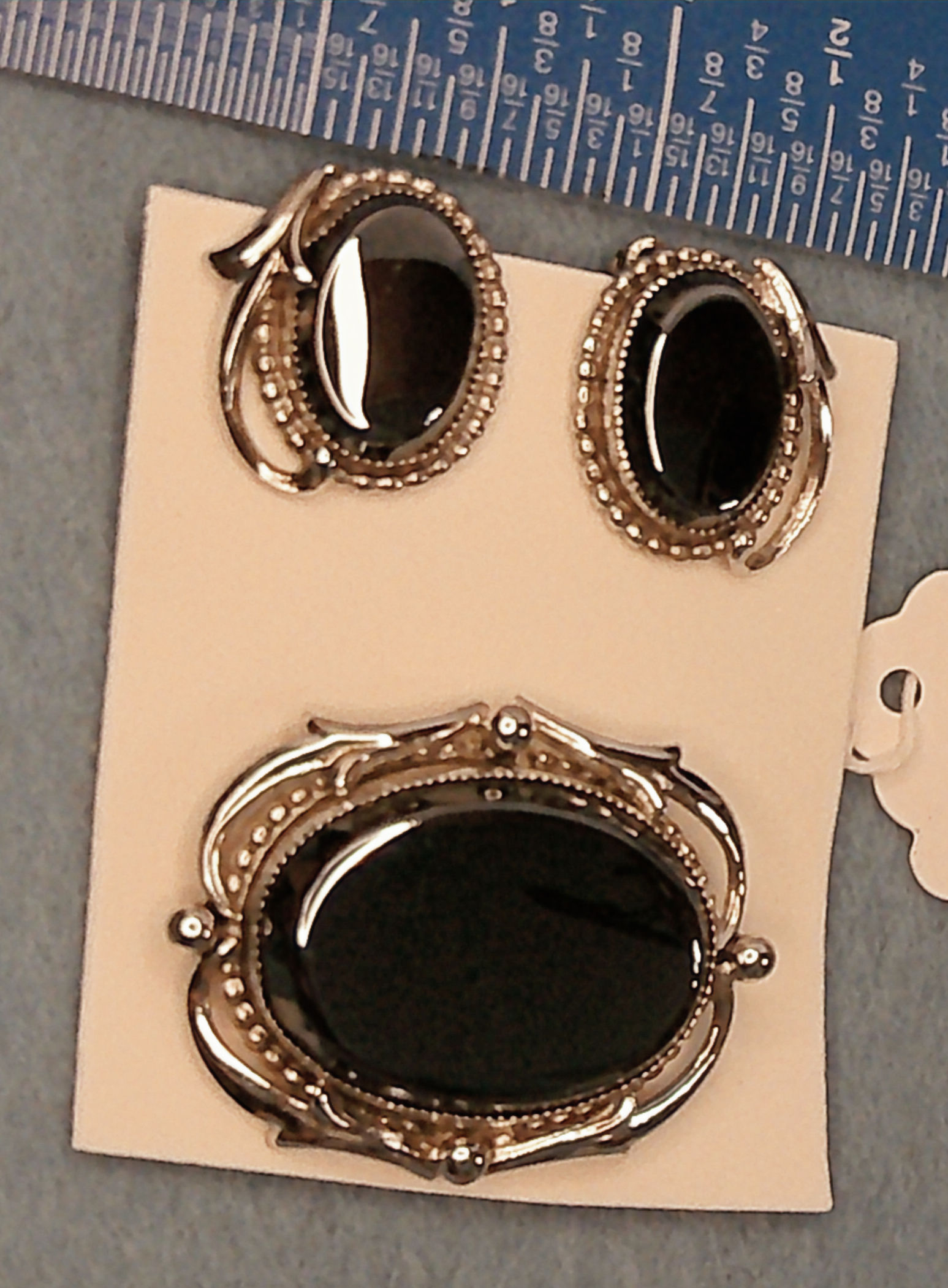 Vintage Whiting & Davis Co. Black Stone Brooch and Clip on Earrings