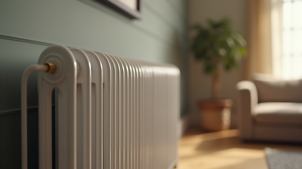 Close-up view of a modern radiator in a cozy living room