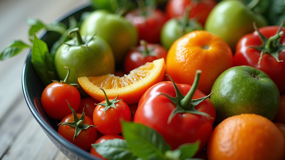 Close-up view of a vibrant bowl of fresh fruits and vegetables