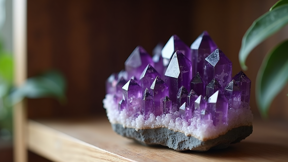 Close-up view of amethyst crystal cluster on wooden shelf