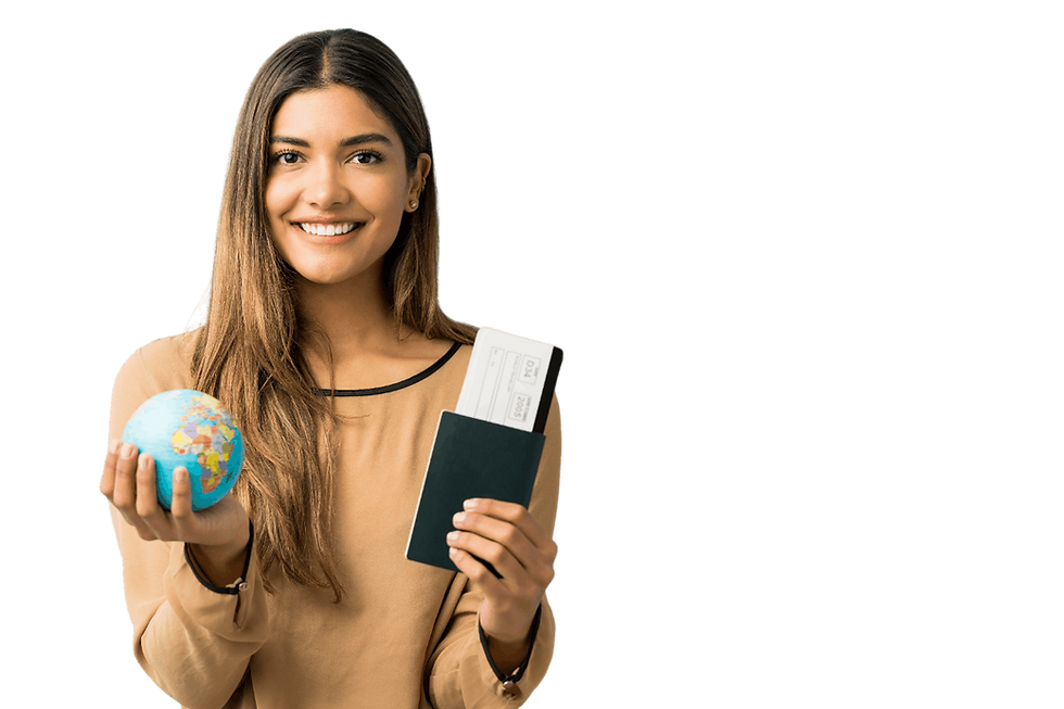 happy-young-woman-holding-passport-boarding-pass-with-globe-while-standing-against-blue-ba