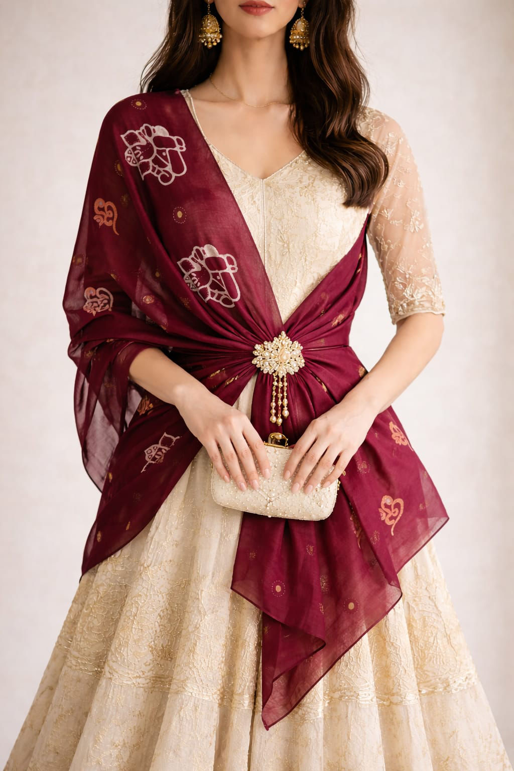 Maroon Mona Lisa dupatta , hand painted wearable art,