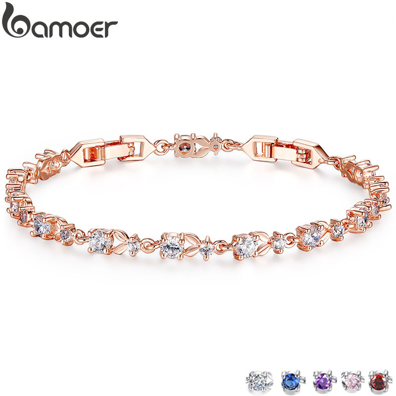 BAMOER Luxury Rose Gold Color Chain Link Bracelet for Women Ladies Shining AAA C