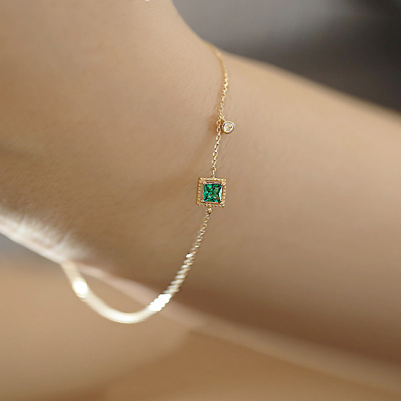 925 Sterling Silver Japanese Simple Emerald Crystal Chain Bracelet Women Light L