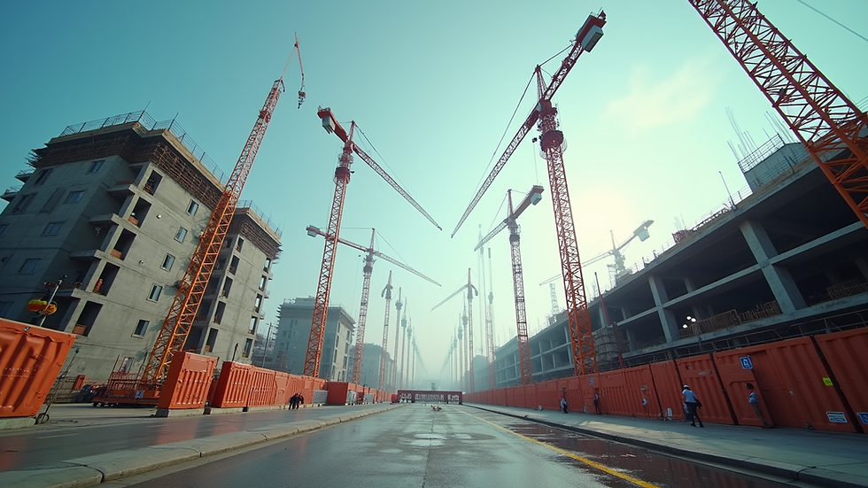 Eye-level view of a construction site with cranes and building materials