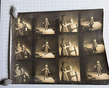 Photographic contact sheet of Joy Laurey with Mr Turnip