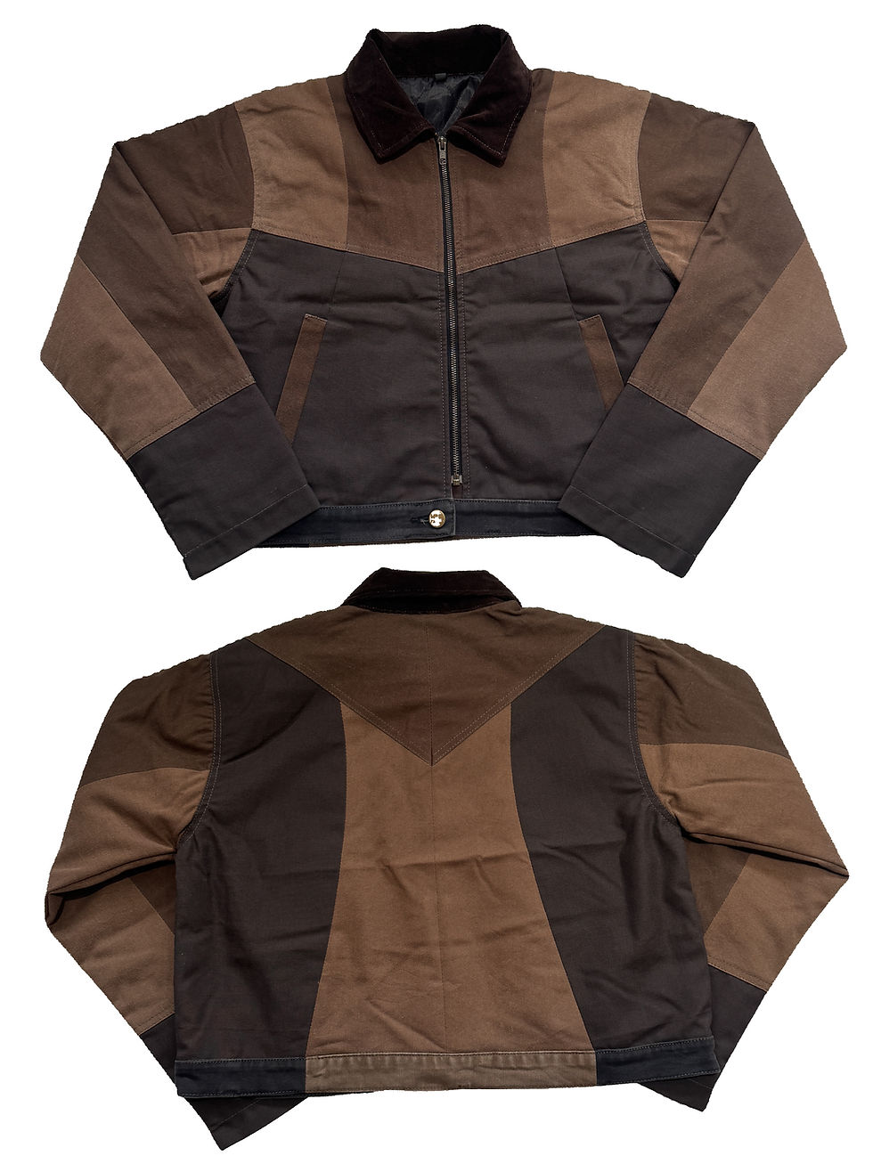 Thumbnail: Front and back of brown Cropped Monochrome Patchwork Jacket