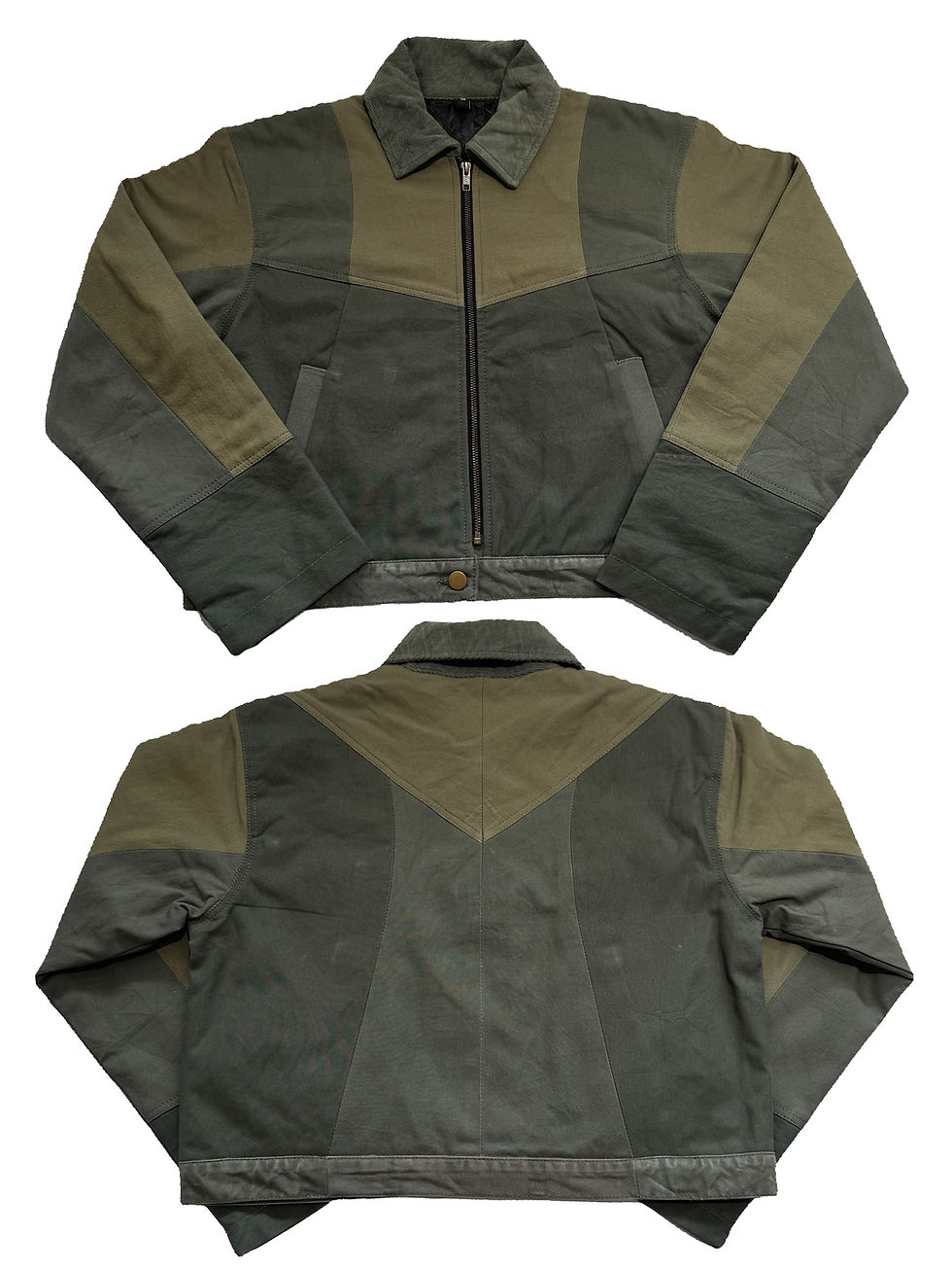 Thumbnail: Cropped Monochrome Patchwork Jacket green two tone front and back
